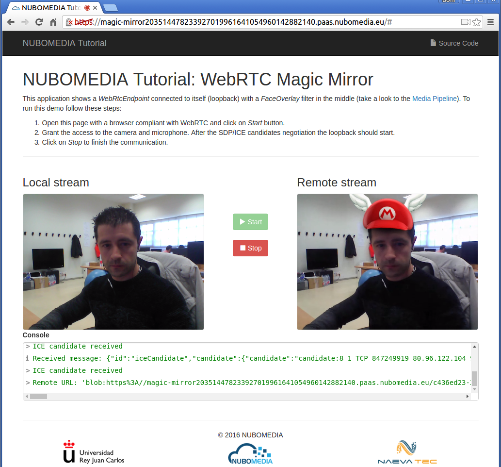 NUBOMEDIA Magic Mirror Screenshot: WebRTC with filter in loopback