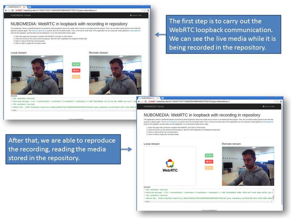 NUBOMEDIA Repository Screenshots: WebRTC in loopback with recording in repository