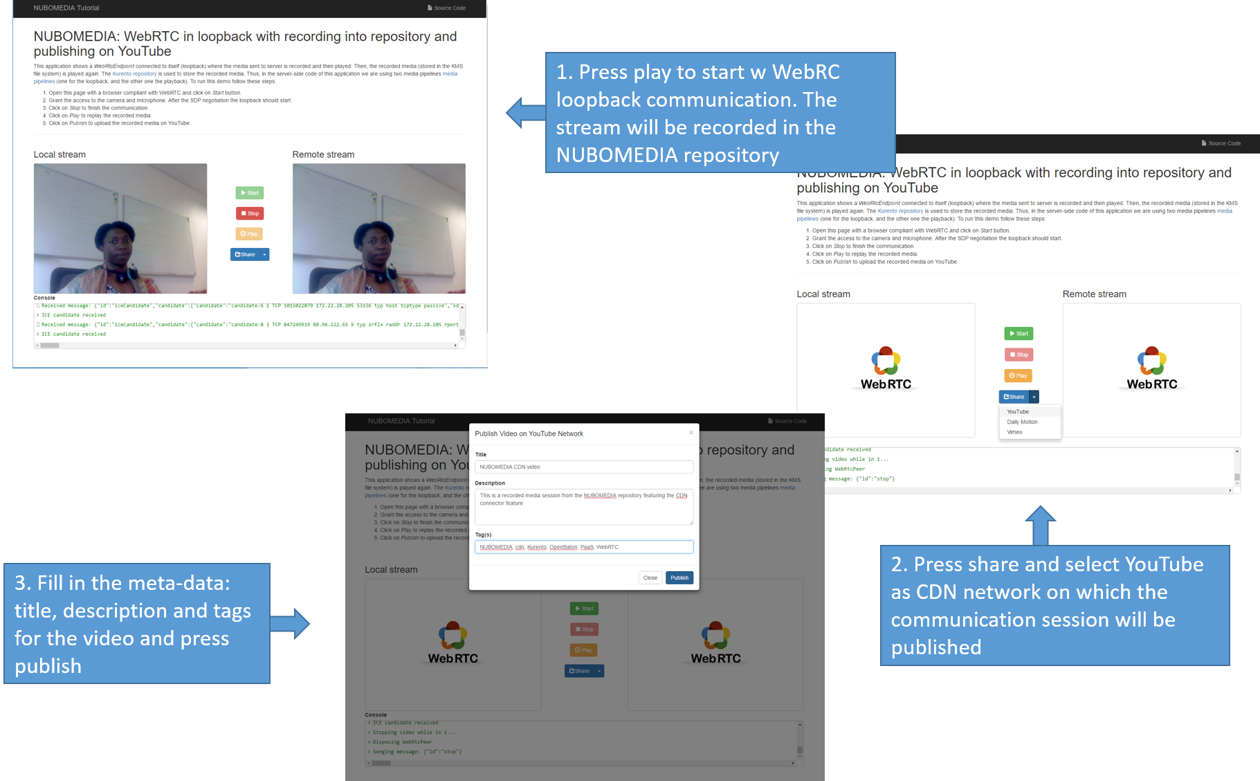 NUBOMEDIA CDN Screenshots: WebRTC in loopback with recording in repository and publishing